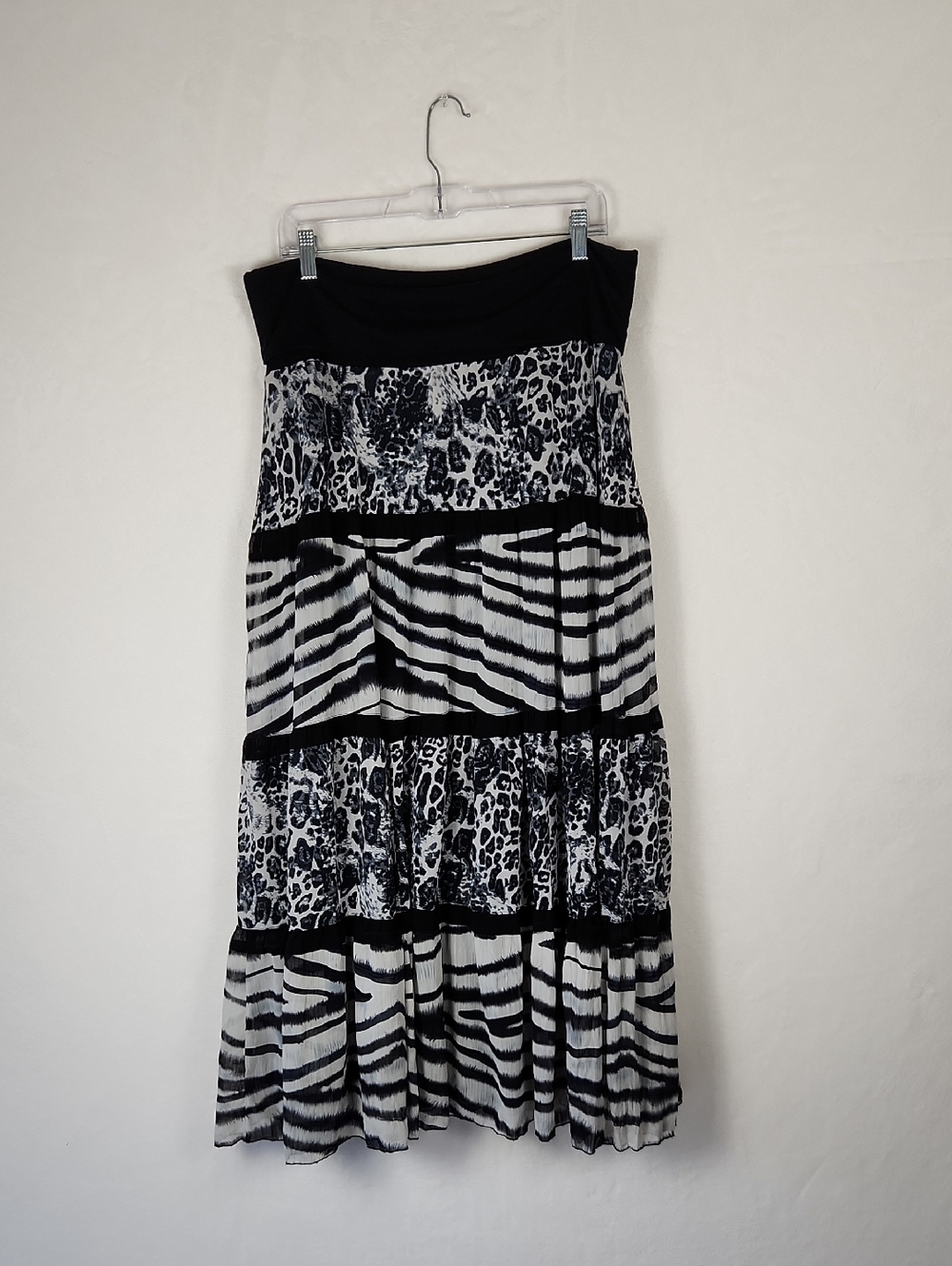 Chico's Black and White Animal-Print Tiered Maxi Skirt